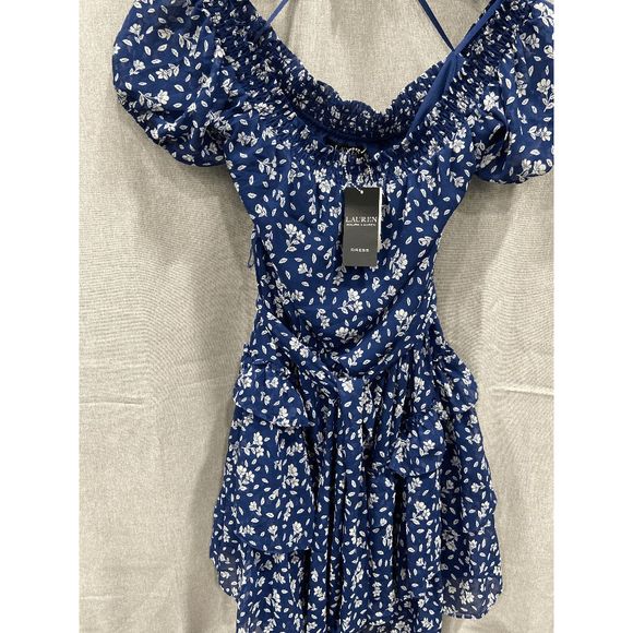 Lauren Ralph Lauren Floral Crinkled Georgette Dress - Blue Cream 16 - Picture 4 of 9